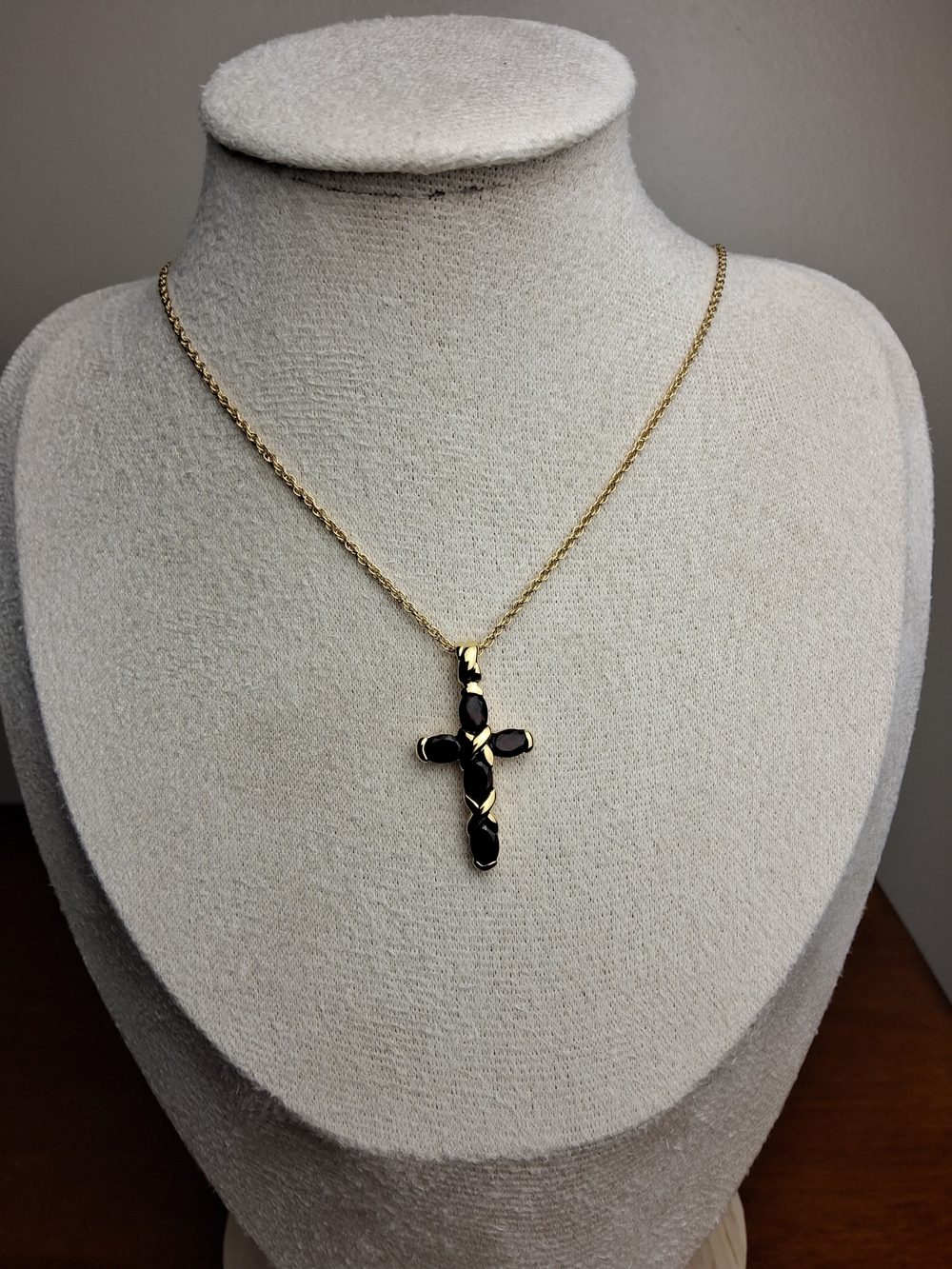 Gold Tone Cross Pendant Necklace with Black Inlay